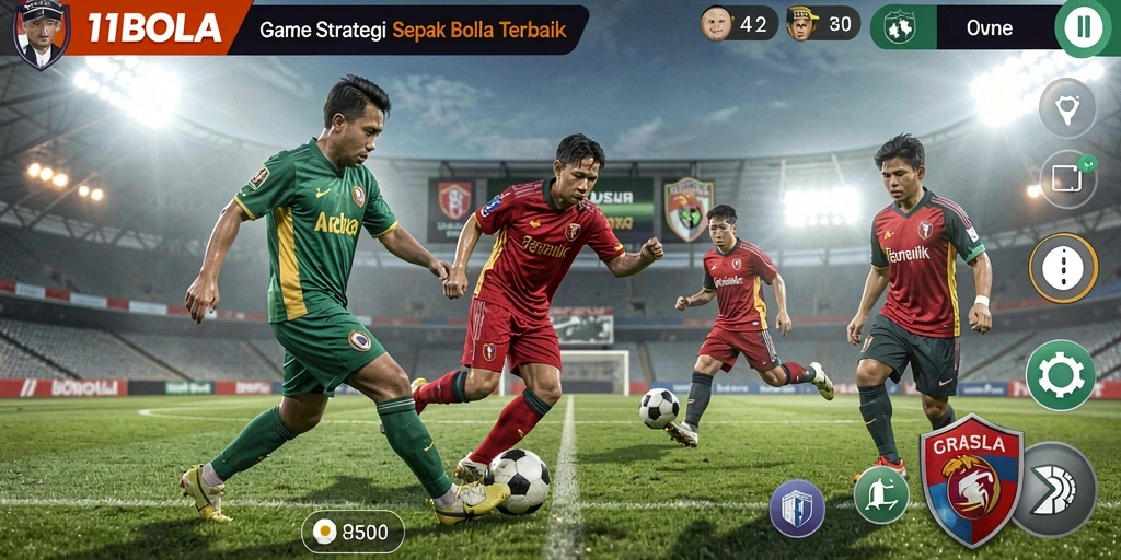 Tangkapan layar <strong>11BOLA</strong> menampilkan aksi seru dalam pertempuran strategi tim sepak bola.