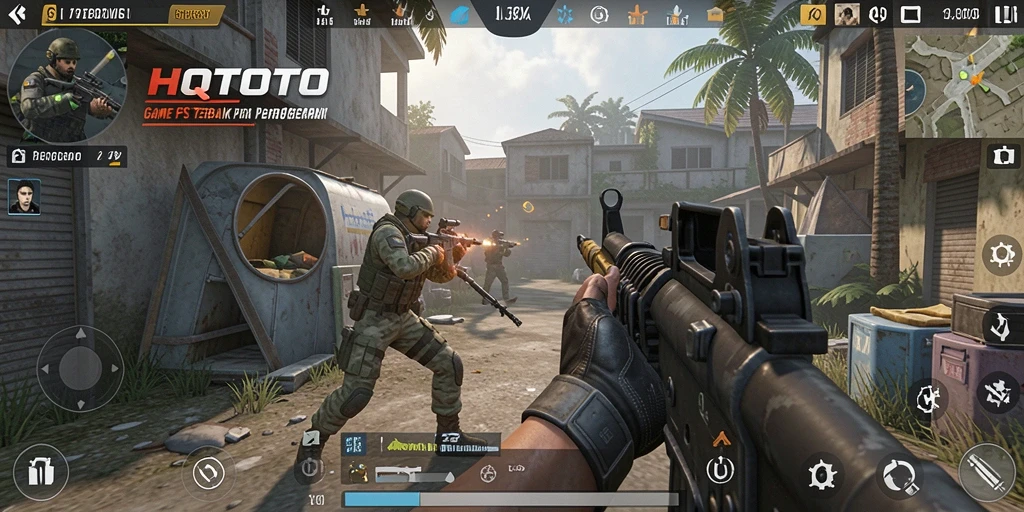 Screenshot gameplay HQTOTO yang menunjukkan aksi tembak-menembak seru.