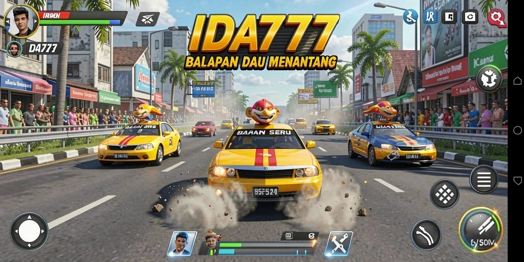 Tampilan gameplay <strong>IDA777</strong> dengan mobil yang bersaing di lintasan balapan.