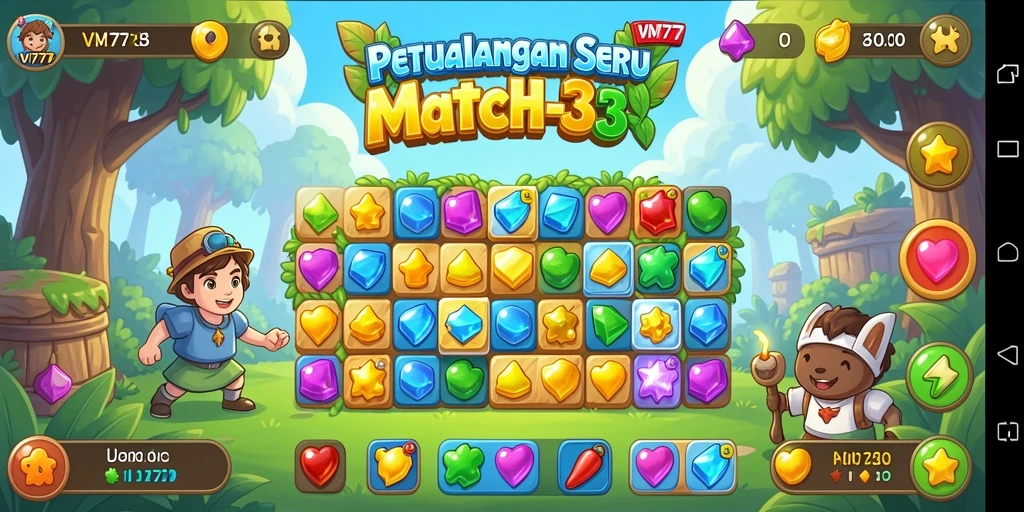 Screenshot gameplay VM777 menampilkan aksi seru mencocokkan permata dalam level Match-3.